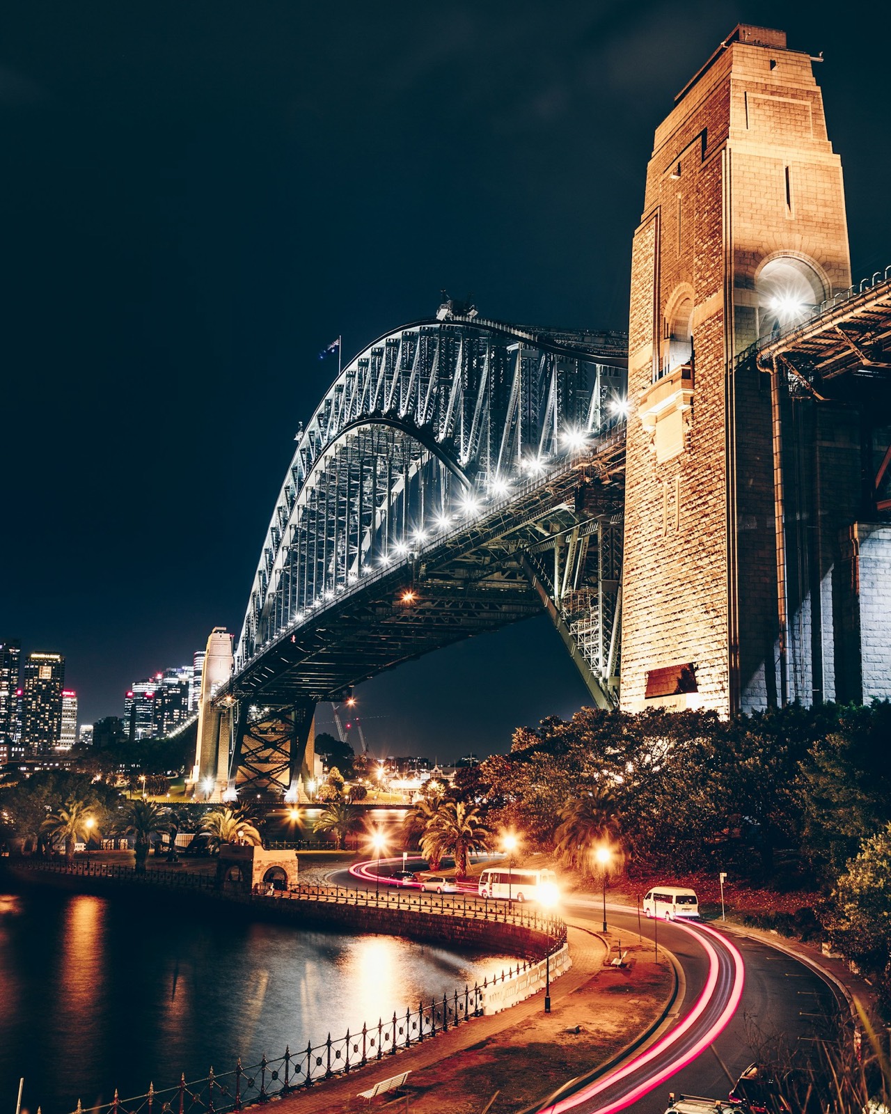 Concrete bridge illuminated at night